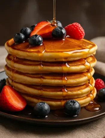 Easy Honey Butter Pancakes A tall stack of honey butter pancakes topped with a pat of butter, fresh blueberries and strawberries, and a drizzle of honey.