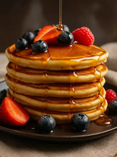 Easy Honey Butter Pancakes A tall stack of honey butter pancakes topped with a pat of butter, fresh blueberries and strawberries, and a drizzle of honey.