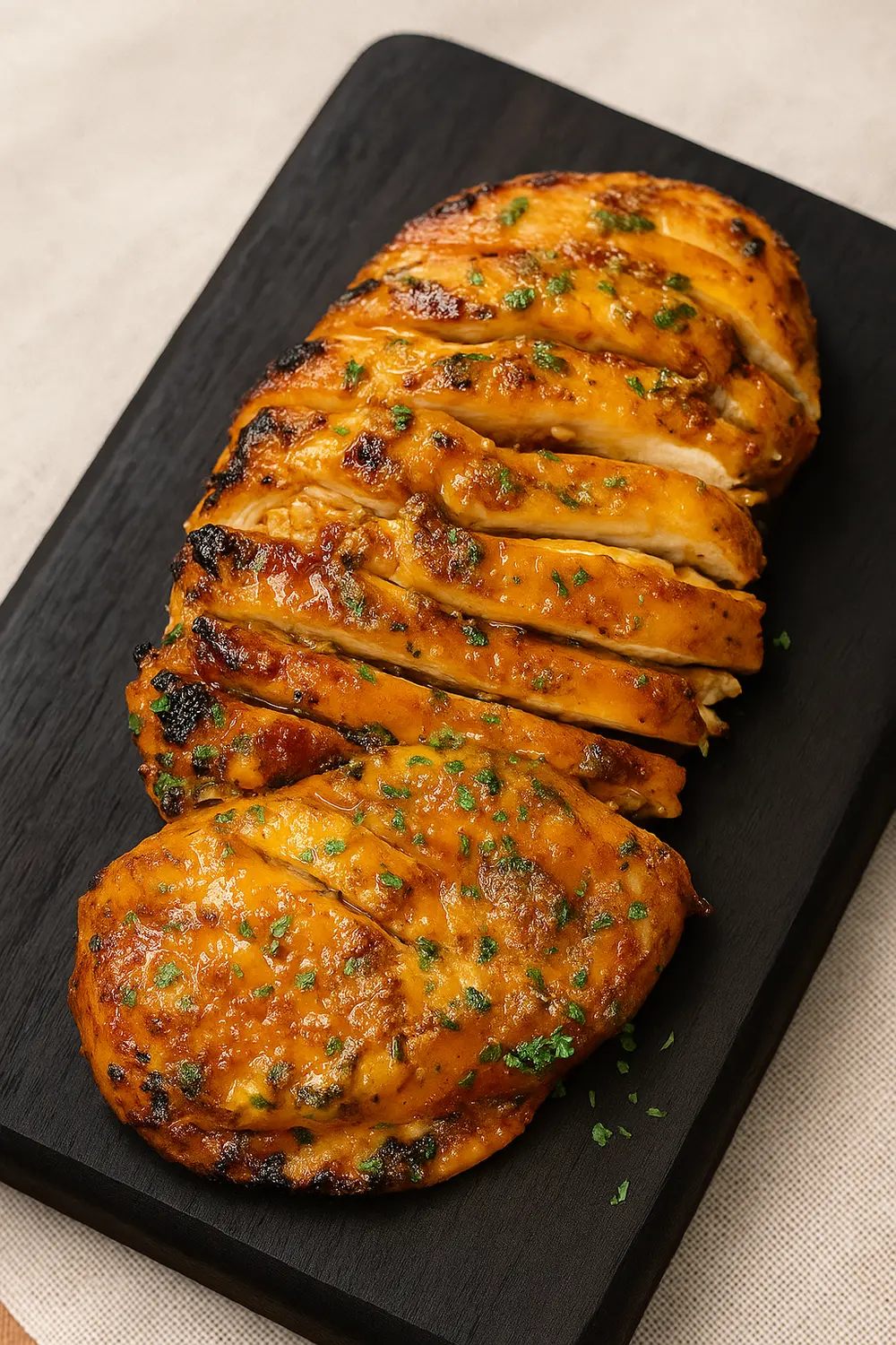 Easy Air Fryer Chicken Breast Recipe Sliced honey garlic chicken breast with a golden glaze, showing tender, juicy texture inside.