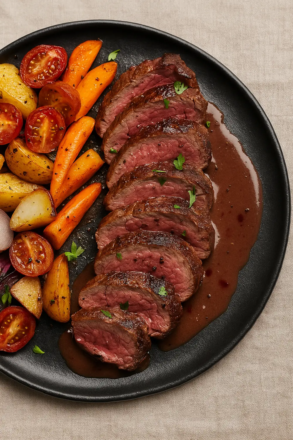 Classic French Chateaubriand Steak with Red Wine Sauce Slices of perfectly cooked Chateaubriand steak with a savory brown sauce and roasted carrots, potatoes, and tomatoes.