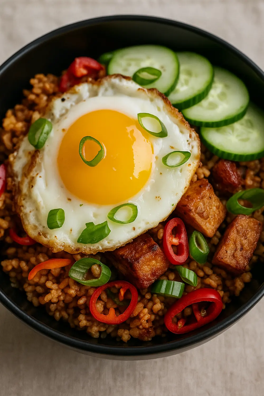 7 Day Rice Diet Plan for Weight Loss Easy Nasi Goreng with fried egg, tofu, and fresh cucumber, ideal for a 7 day rice diet plan for weight loss.