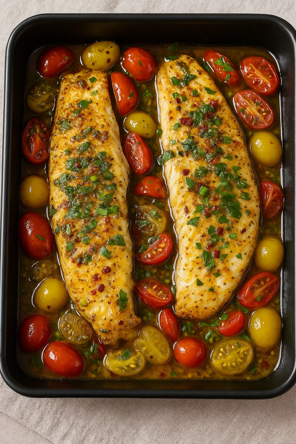Two baked cod fillets seasoned with herbs and spices, nestled in a baking dish with a colorful mix of red and yellow cherry tomatoes in a savory sauce, perfect for those on the Ozempic Meal Plan.