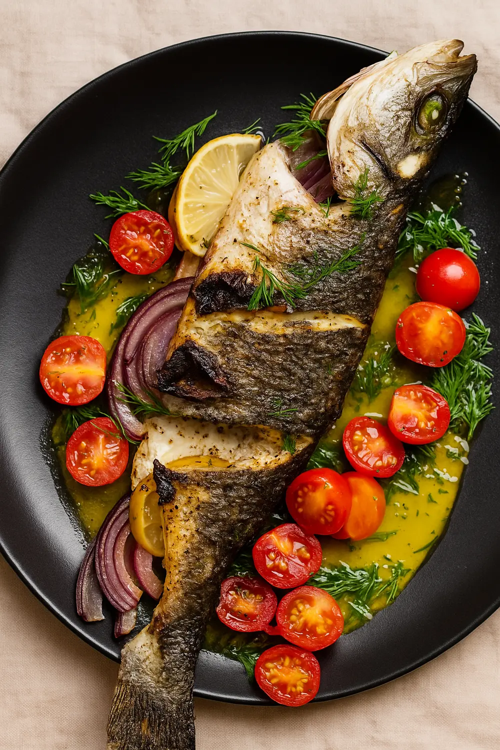 Whole grilled sea bass with lemon, tomatoes, and red onion on a black plate, perfect meal for a Calorie Deficit diet.