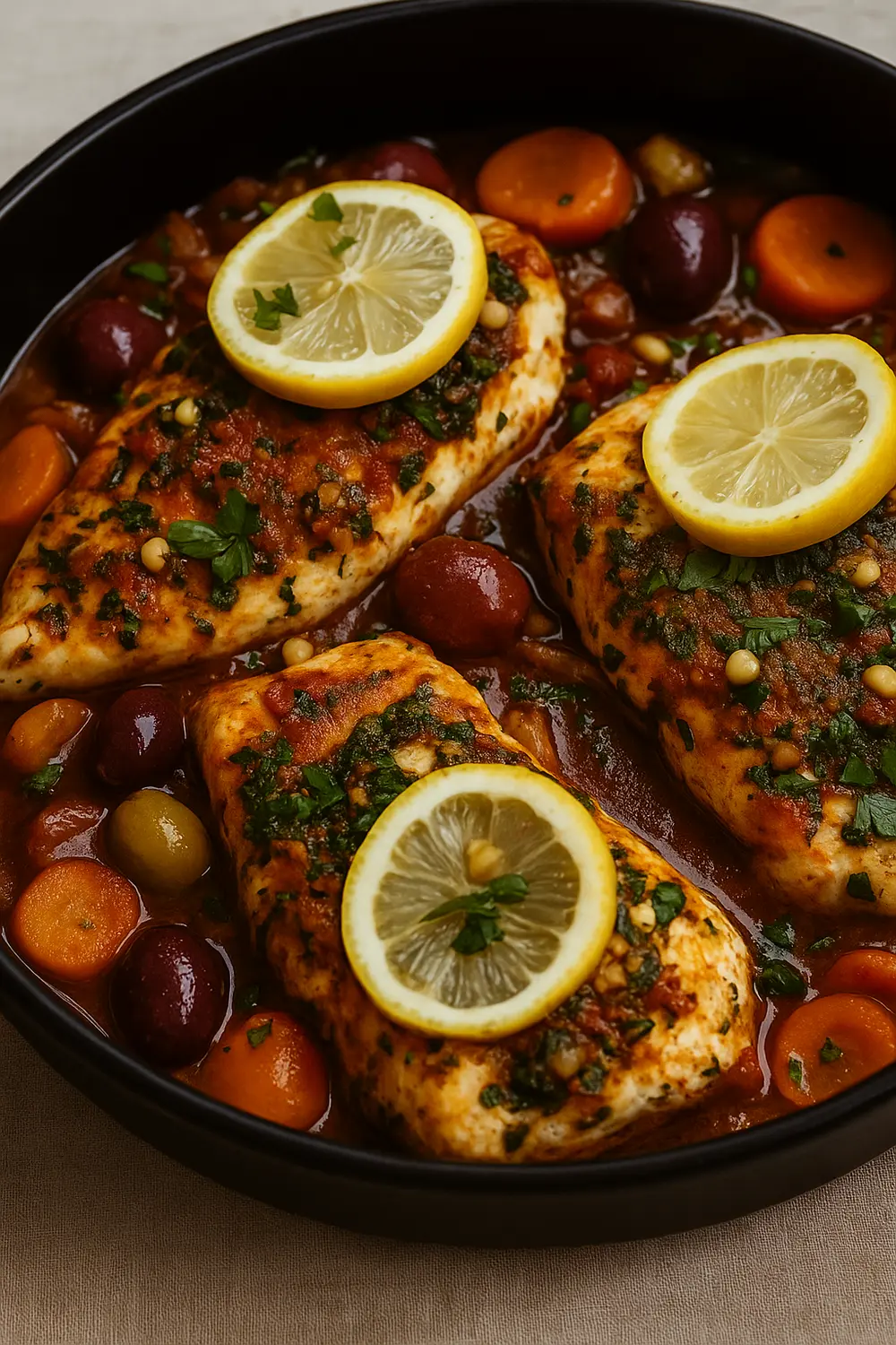Mediterranean chicken bake in a black pan, featuring three herb-crusted chicken breasts topped with lemon slices, surrounded by a rich sauce with carrots, olives, and pine nuts, perfect for those on a 7 day diet plan for weight loss.
