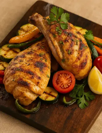 7-Day Mounjaro Diet Plan | Dietitian Approved Simple Mounjaro diet plan featuring Grilled chicken drumsticks and thighs with roasted vegetables on a rustic wooden board.