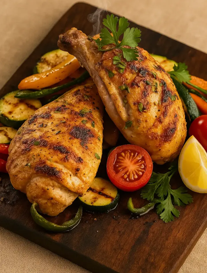 Simple Mounjaro diet plan featuring Grilled chicken drumsticks and thighs with roasted vegetables on a rustic wooden board.