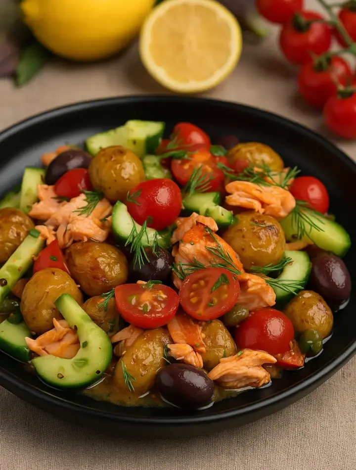 Mediterranean salmon salad with roasted potatoes, cherry tomatoes, cucumbers, olives, and fresh dill, perfect for the Ozempic Diet Meal Plan.