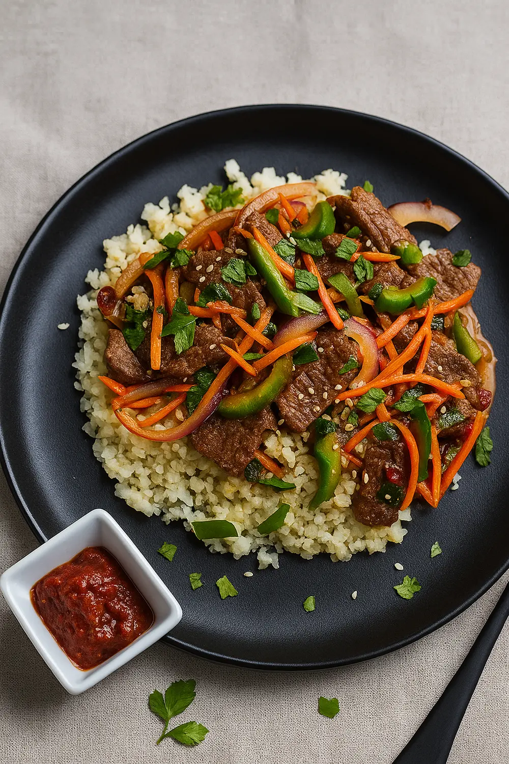 7 Day Rice Diet Plan for Weight Loss Stir fried beef and vegetables over cauliflower rice, an appealing dish for a 7 day rice diet meal plan.