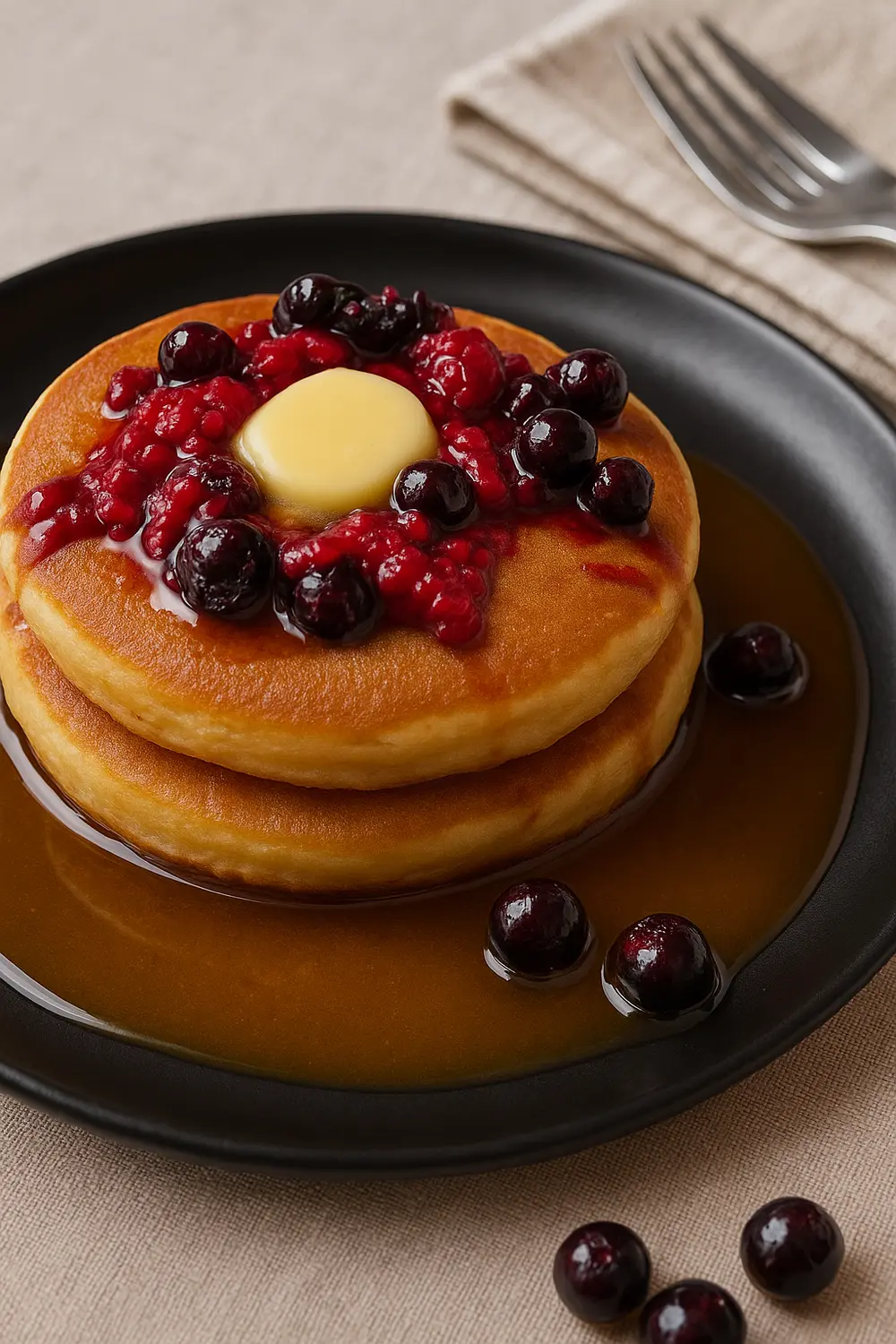 A stack of two golden pancakes with honey and a pat of butter, a topping of red raspberry and blueberry compote.