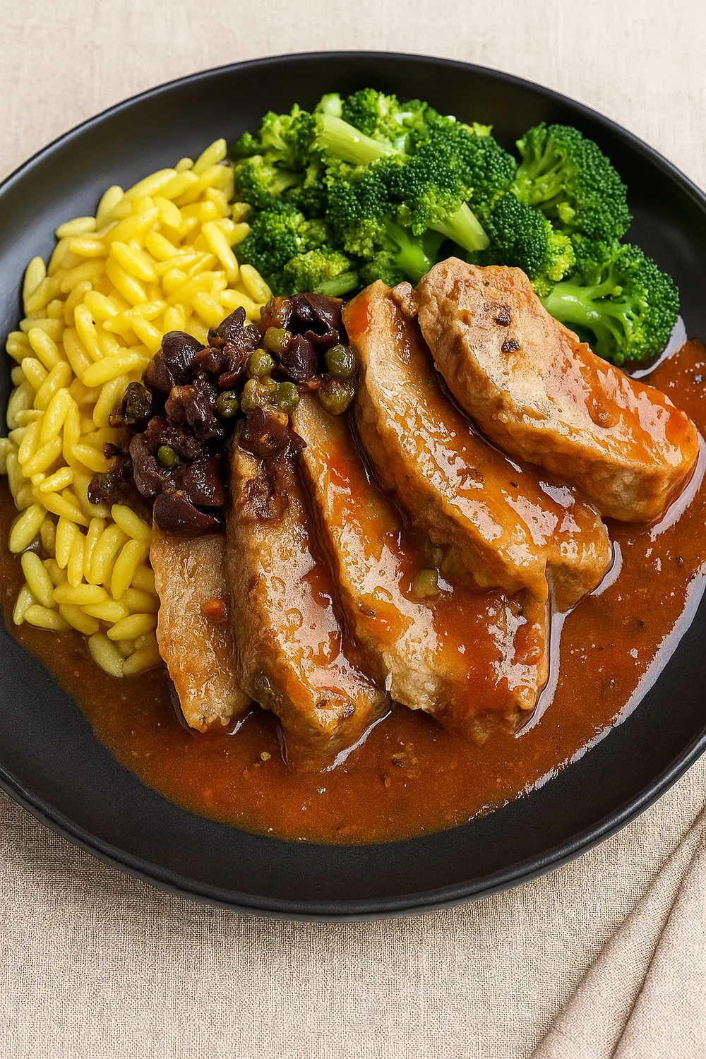 One of the best gluten free meals featuring Sliced pork tenderloin with a brown sauce and a pile of black olive tapenade, served with orzo pasta and steamed broccoli.