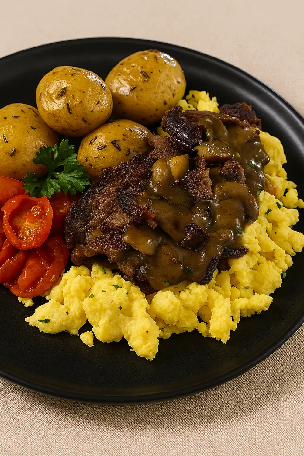 Easy gluten free breakfast featuring steak and eggs scramble with a mushroom gravy, served on a black plate with roasted new potatoes and cherry tomatoes.