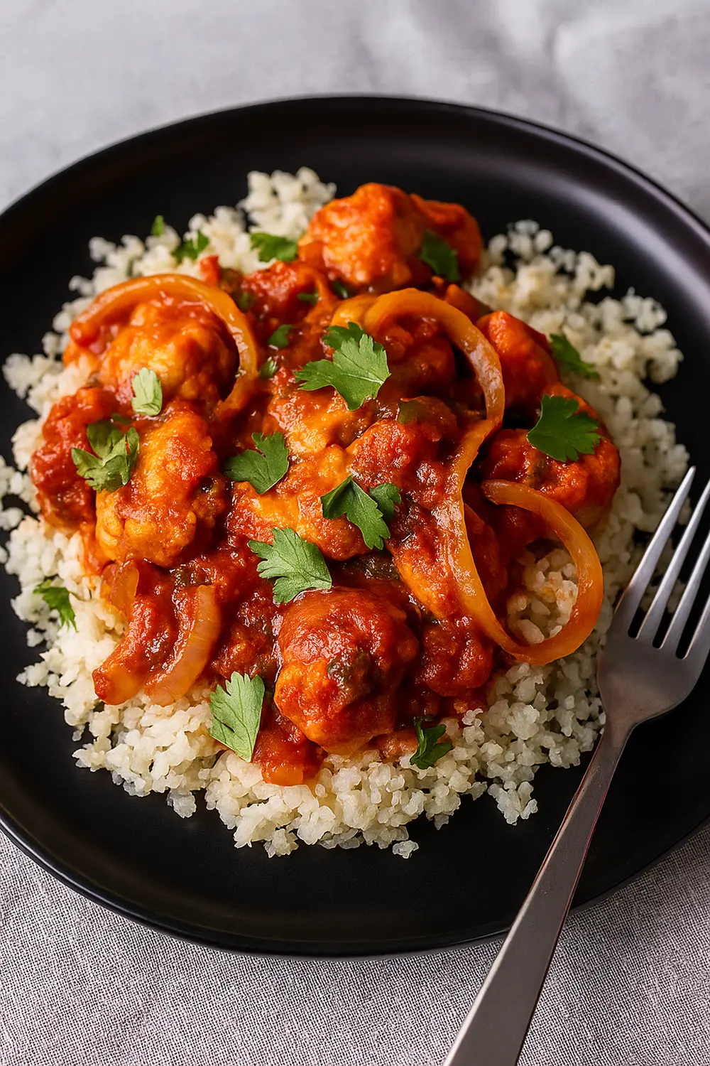 7 Day Rice Diet Plan for Weight Loss Chicken curry with onions and cilantro served over cauliflower rice, a healthy recipe for those following a rice diet meal plan.