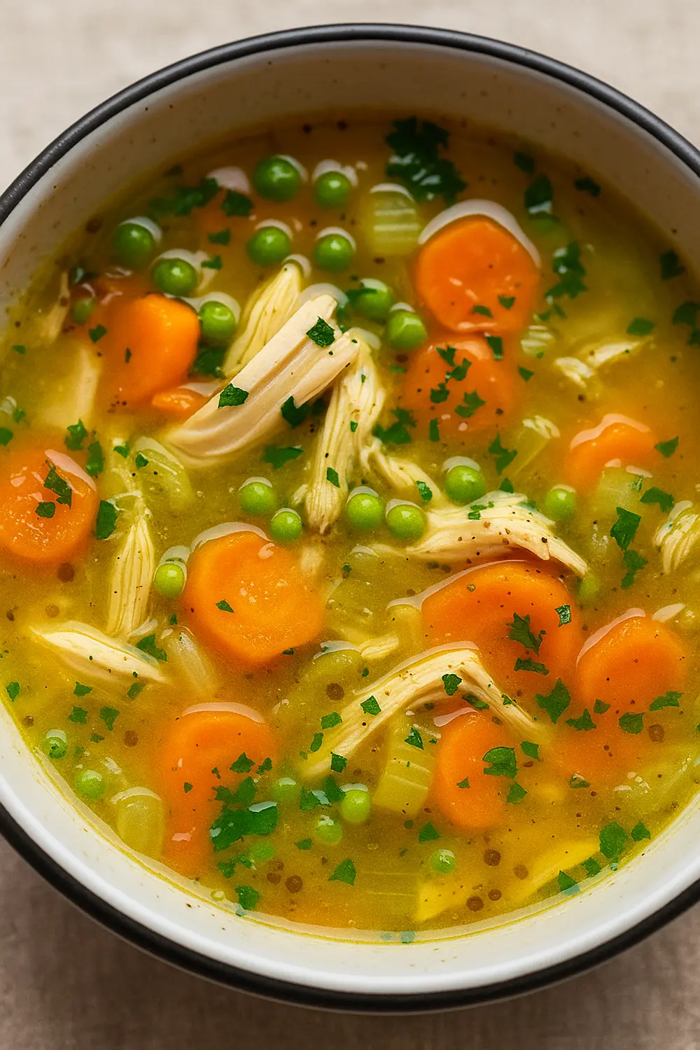 A bowl of homemade chicken vegetable soup, brimming with shredded chicken, bright green peas, sliced carrots, celery, and fresh parsley in a golden broth, is perfect for those on the 7 Day Ozempic Diet Plan.