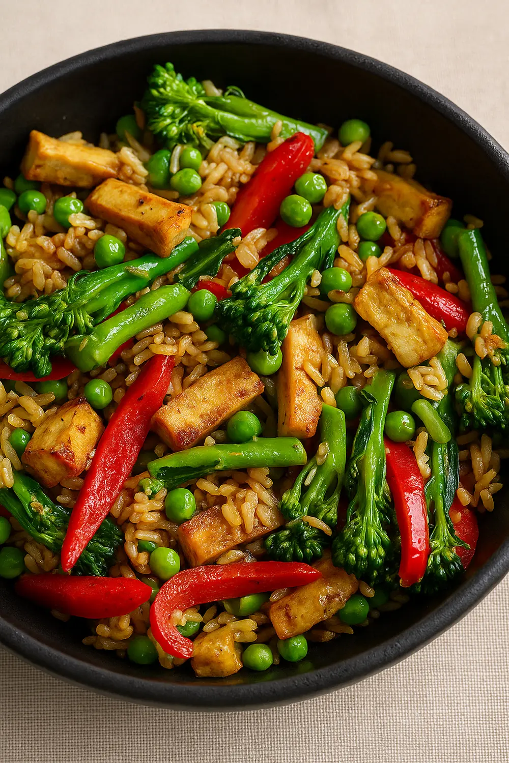 7 Day Rice Diet Plan for Weight Loss Vegetable fried rice with tofu, red peppers, and broccoli florets, perfect for a rice diet menu plan.