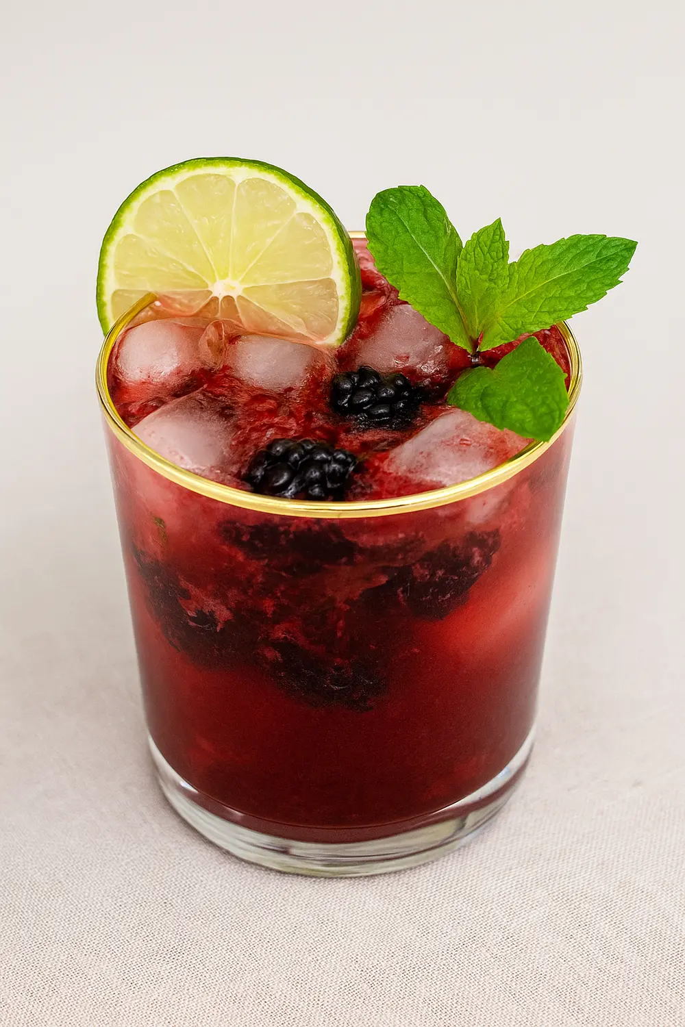 Refreshing virgin blackberry mojito mocktail served in a clear glass with fresh blackberries, lime, and mint garnish.