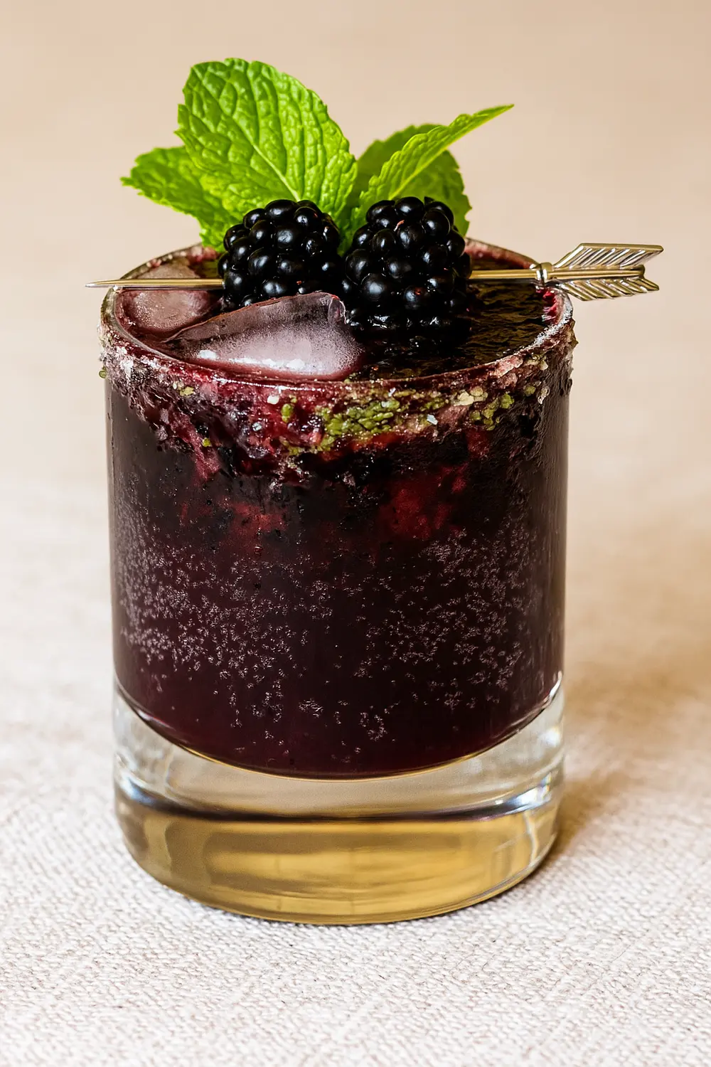 Chilled virgin mojito mocktail with blackberries, lime slice, and mint garnish.