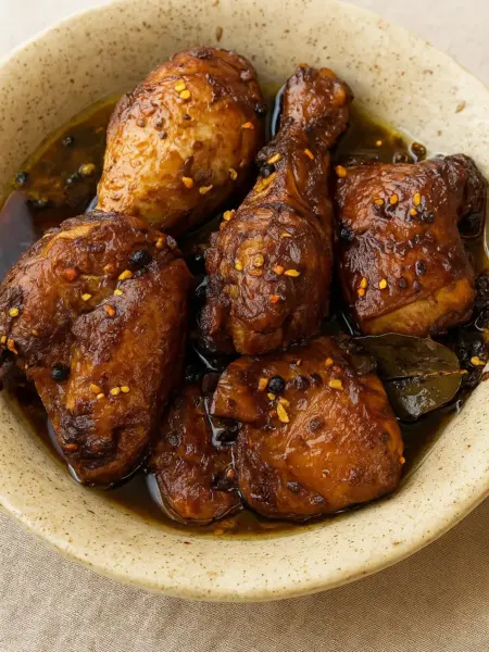 Juicy adobo chicken recipe featuring chicken simmered in glossy brown sauce with garlic, pepper, and bay leaf garnish.
