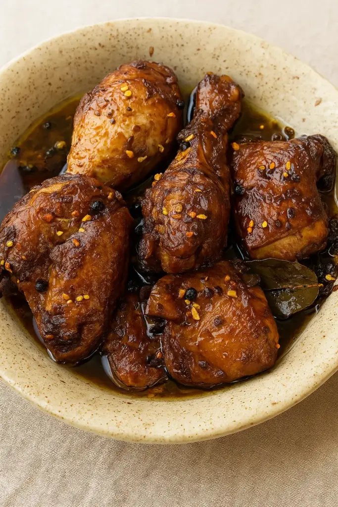 Authentic Filipino Chicken Adobo Recipe Juicy adobo chicken recipe featuring chicken simmered in glossy brown sauce with garlic, pepper, and bay leaf garnish.