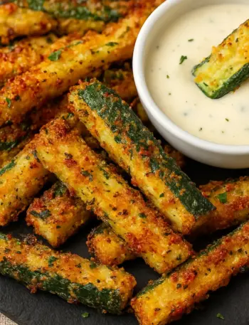 Crispy Air Fryer Zucchini Fries Crispy air fryer zucchini fries with golden breading and fresh herbs with a side of garlic aioli dipping sauce.