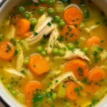 Anti inflammatory turmeric chicken soup recipe featuring carrots, peas, and tender shredded chicken in a golden, healing broth.