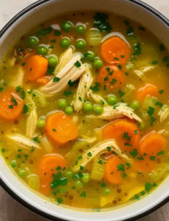 Anti inflammatory turmeric chicken soup recipe featuring carrots, peas, and tender shredded chicken in a golden, healing broth.