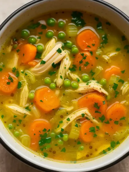 Anti inflammatory turmeric chicken soup recipe featuring carrots, peas, and tender shredded chicken in a golden, healing broth.