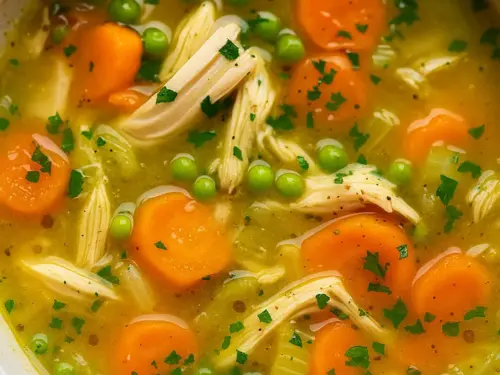 Anti inflammatory turmeric chicken soup recipe featuring carrots, peas, and tender shredded chicken in a golden, healing broth.