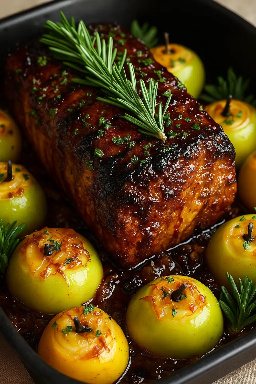 Best Oven Pork Loin Roast Recipe Golden-brown baked pork loin surrounded by roasted apples and herbs.