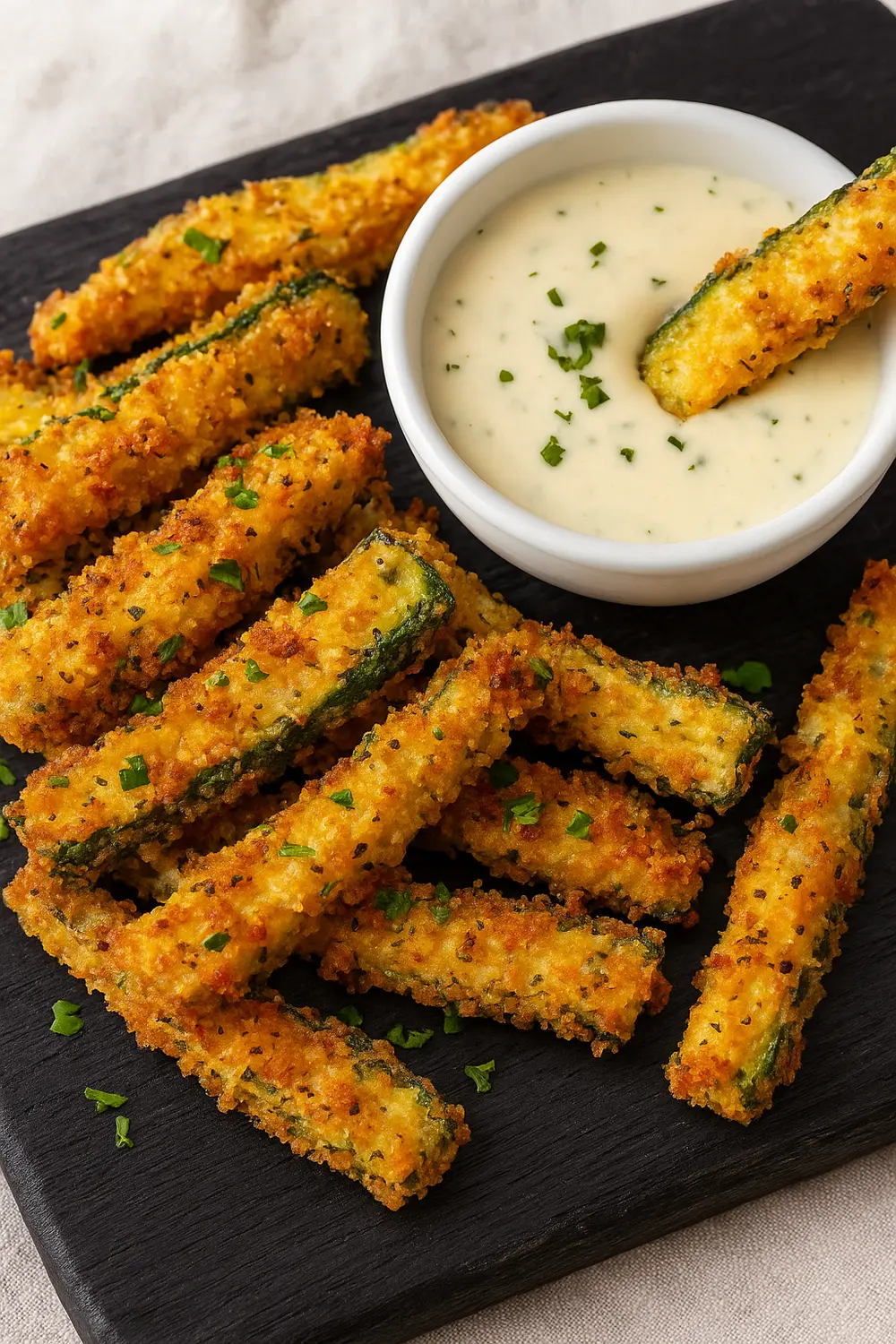 Crispy Air Fryer Zucchini Fries Golden brown baked zucchini fries with a crispy coating and melted Parmesan cheese, a perfect guilt free snack.