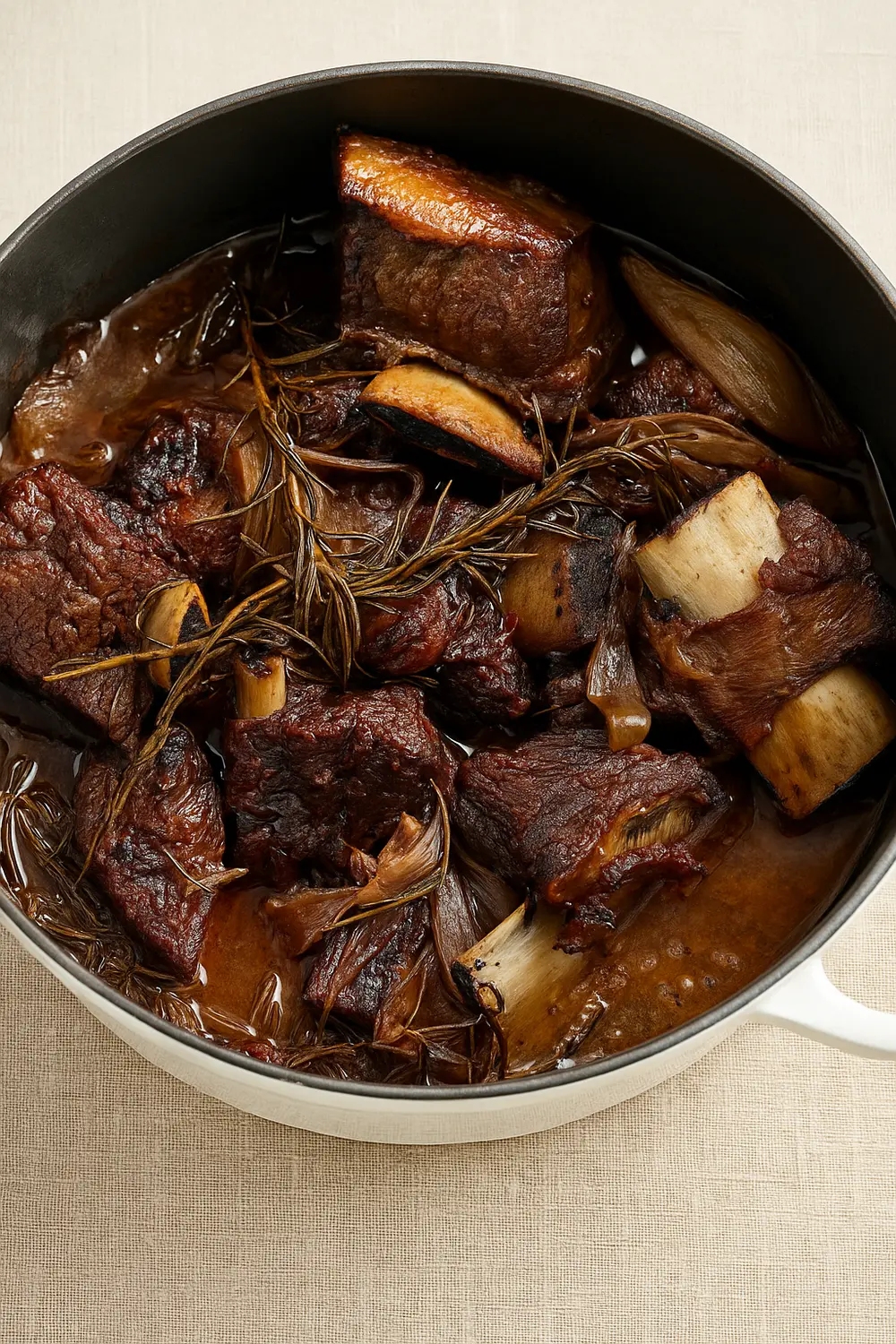 Red Wine Braised Short Ribs Recipe Tender beef short ribs cooked in a rich sauce with rosemary and onions inside a white Dutch oven.