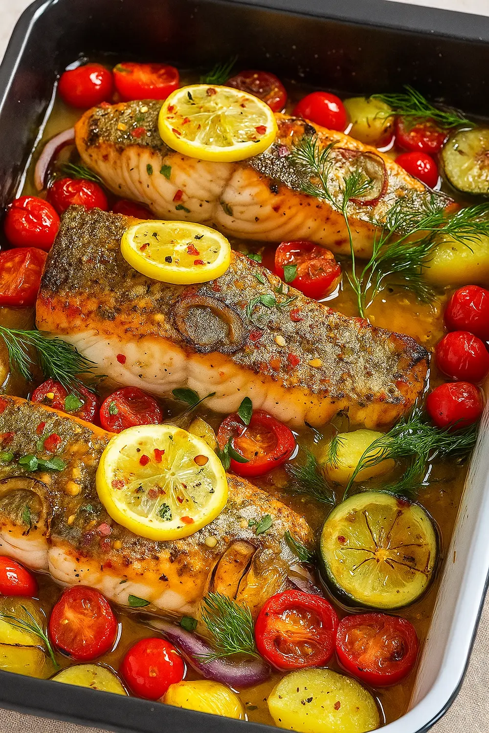 The best baked salmon recipe featuring baked salmon fillets topped with lemon slices, cherry tomatoes, and zucchini, for a healthy Mediterranean dinner meal.
