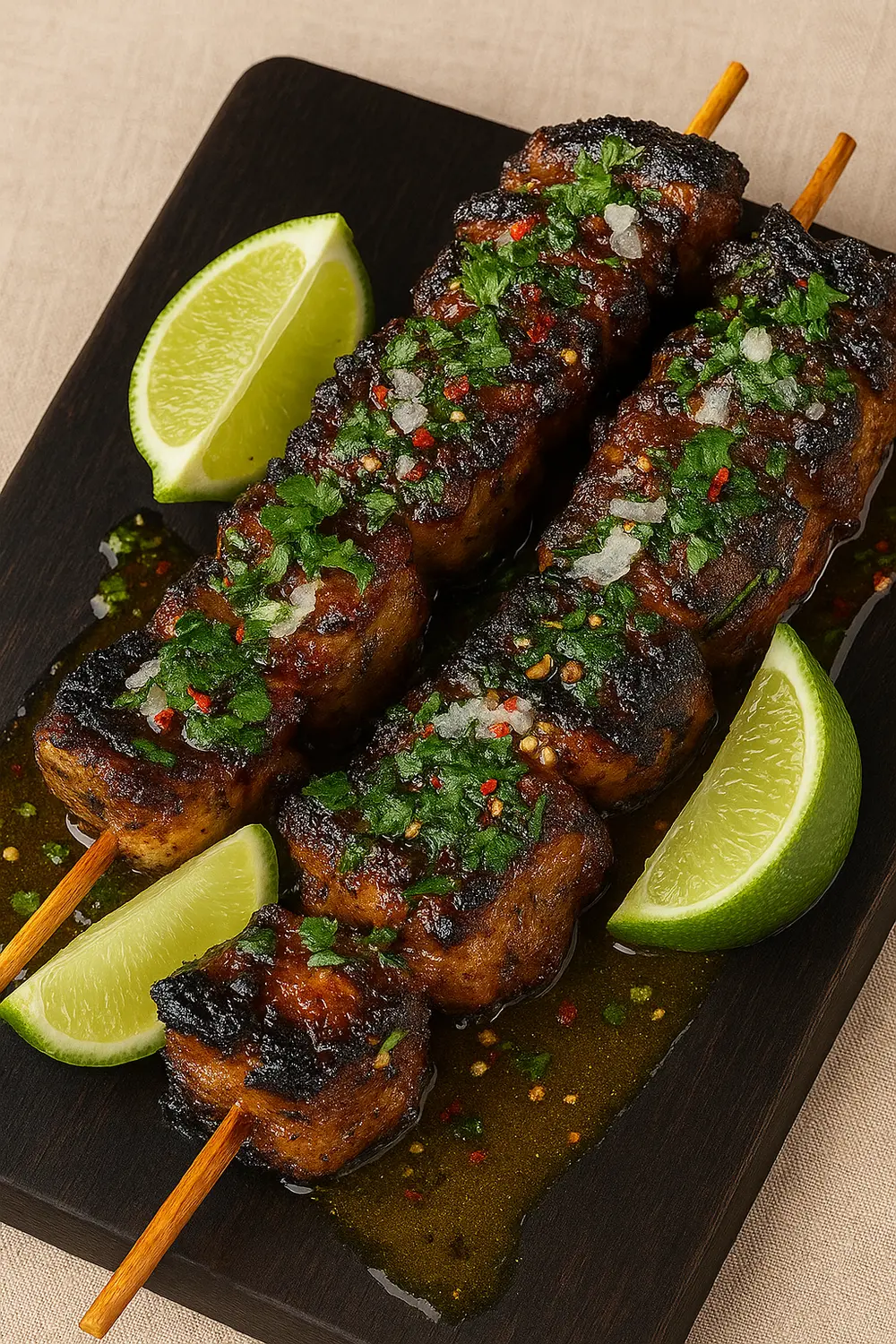 Grilled Thai Chicken Skewers Recipe (Gai Yang) The best chicken skewers recipe featuring perfectly charred chicken skewers coated with Thai-inspired glaze, topped with chopped herbs, and served with lime wedges.