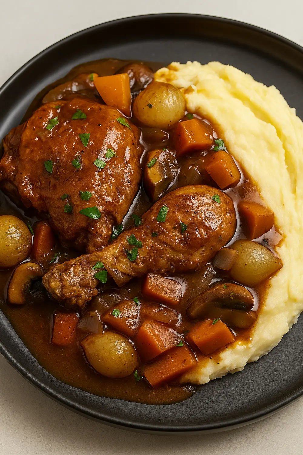 Traditional Coq au Vin Recipe The best Coq au Vin recipe with golden-browned chicken simmered in a red wine sauce with mushrooms, carrots, and onions, served with mashed potatoes.