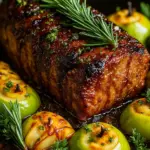 The best pork loin roast recipe featuring perfectly glazed pork loin roast with fresh rosemary and baked apples in a rich, savory sauce.
