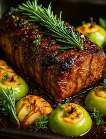 Best Oven Pork Loin Roast Recipe The best pork loin roast recipe featuring perfectly glazed pork loin roast with fresh rosemary and baked apples in a rich, savory sauce.