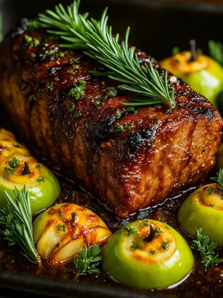 Best Oven Pork Loin Roast Recipe The best pork loin roast recipe featuring perfectly glazed pork loin roast with fresh rosemary and baked apples in a rich, savory sauce.