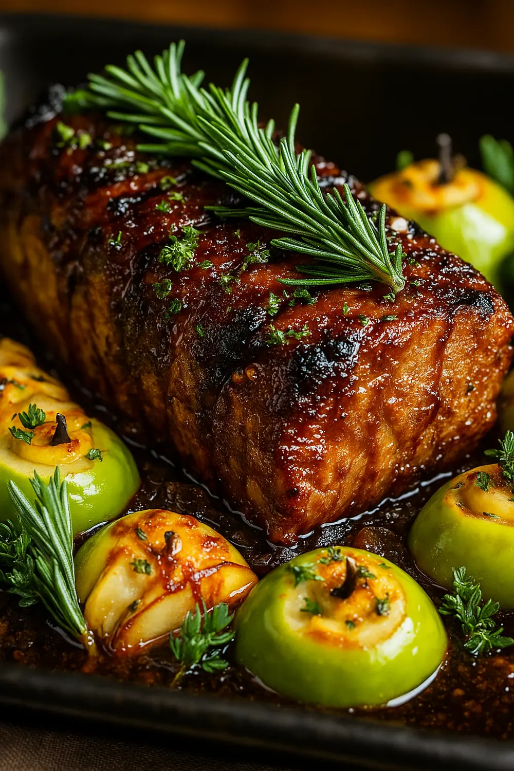 The best pork loin roast recipe featuring perfectly glazed pork loin roast with fresh rosemary and baked apples in a rich, savory sauce, one of the best Christmas party foods for dinner or buffet.