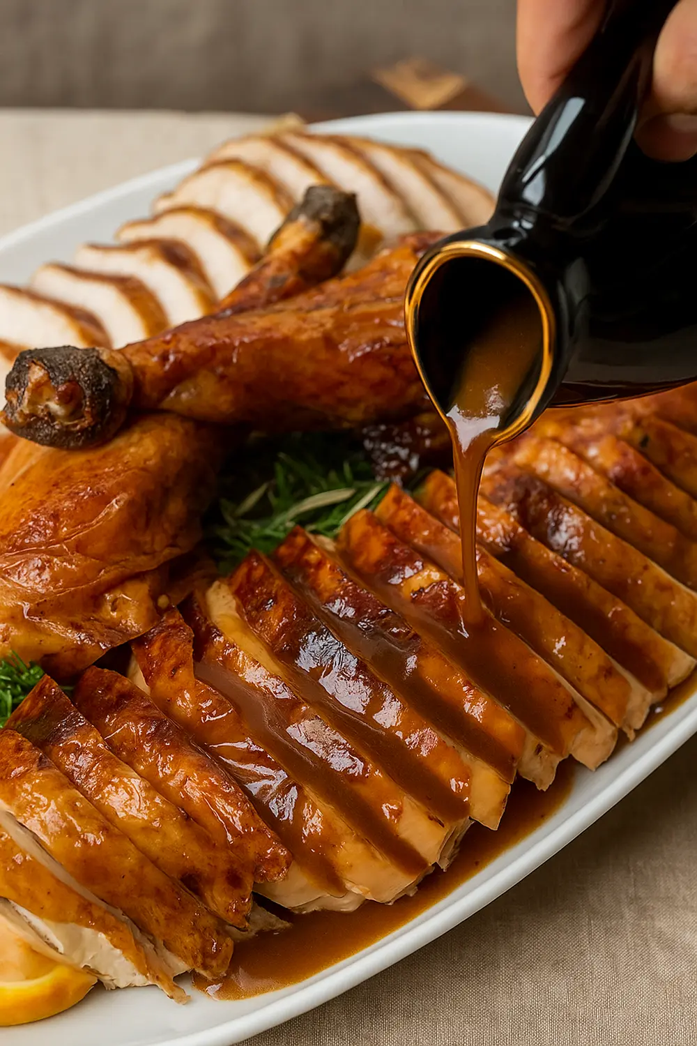 Oven Roasted Turkey Recipe for Festive Holidays Easy oven roasted turkey recipe featuring tender sliced turkey with rich gravy poured over a juicy turkey breast with crispy golden skin.