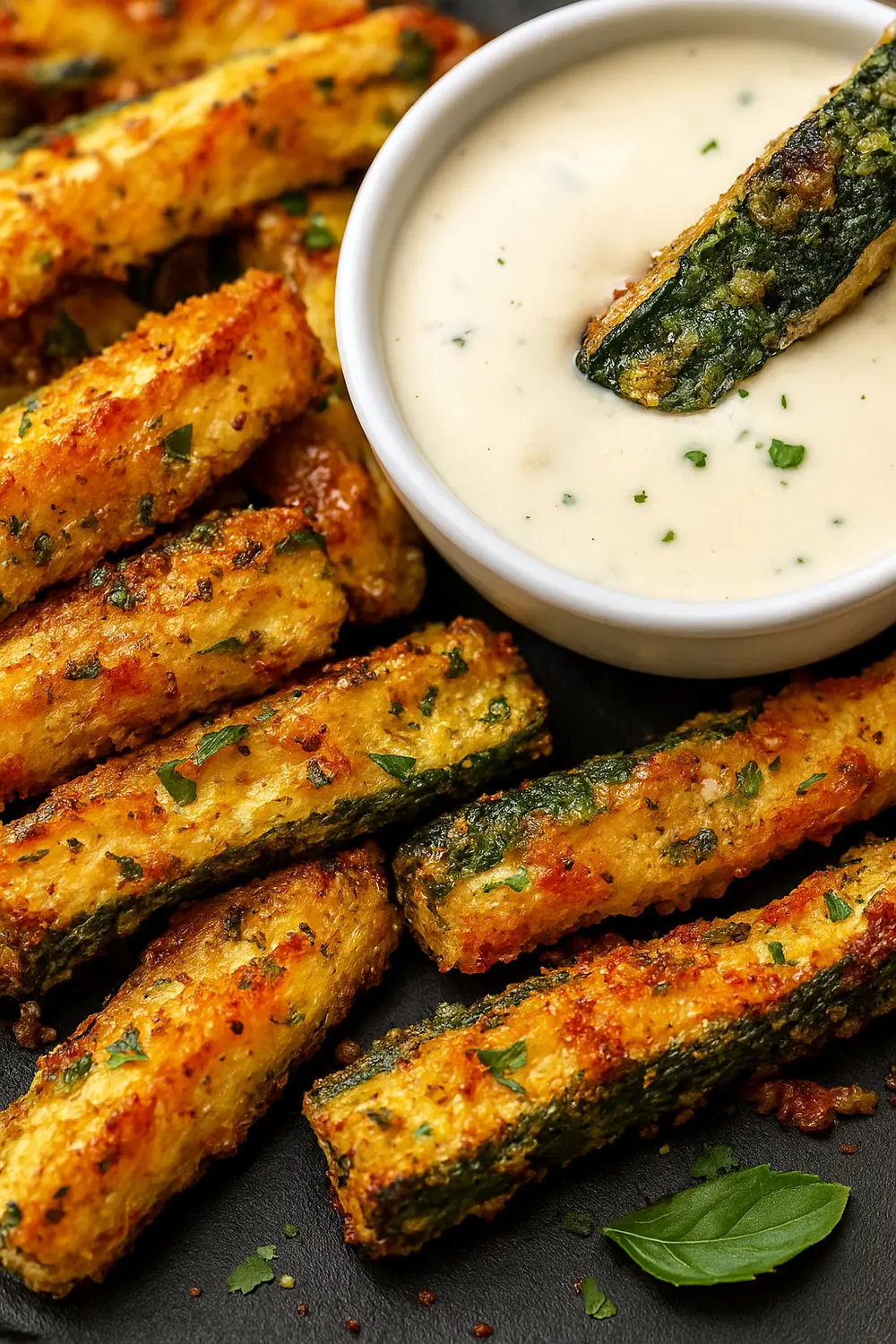 Crispy Air Fryer Zucchini Fries Best air fryer zucchini fries recipe crispy, golden zucchini coated in parmesan and herbs for the perfect healthy snack, served with a side of creamy dipping sauce.