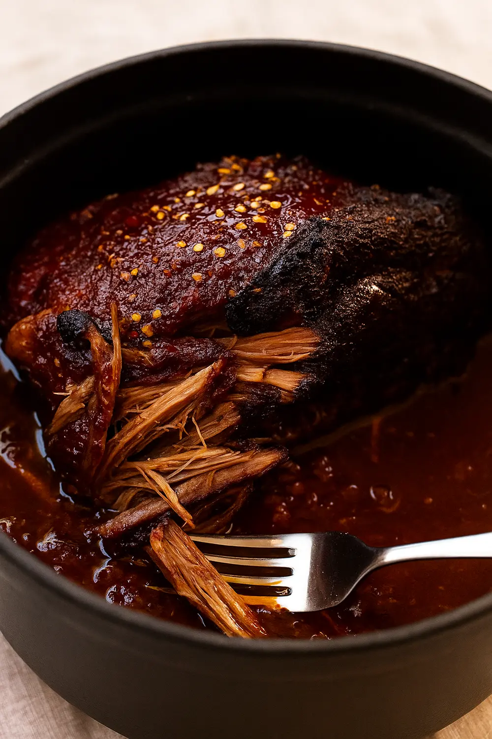 Smoked Beef Brisket with BBQ Sauce Juicy, shredded smoked brisket in a slow cooker, pulled apart by a fork, coated in a thick, BBQ sauce, and sprinkled with red pepper flakes.