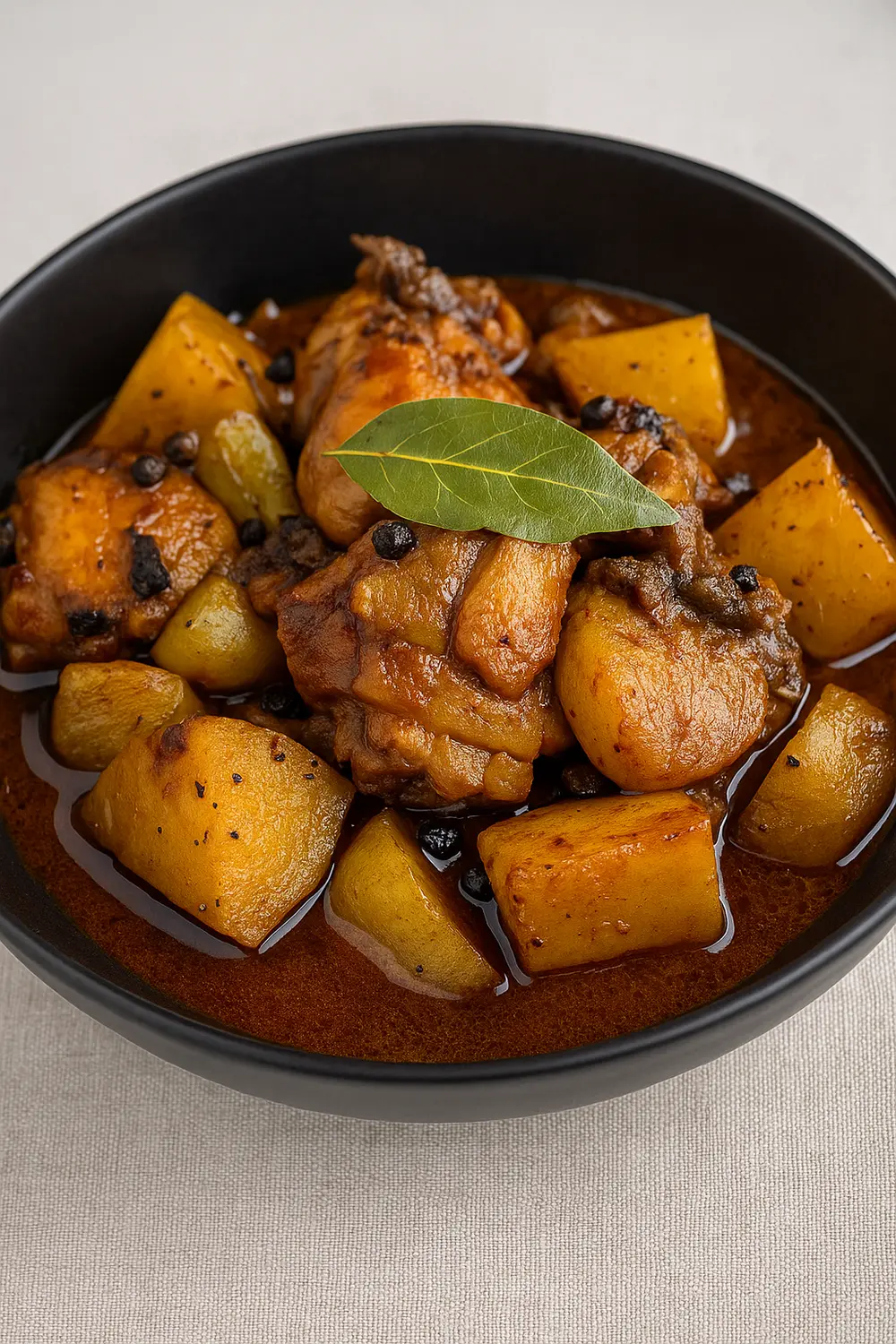Authentic Filipino Chicken Adobo Recipe Chicken adobo with potatoes in a savory soy-vinegar sauce, garnished with black peppercorns and bay leaf, served in a black bowl.