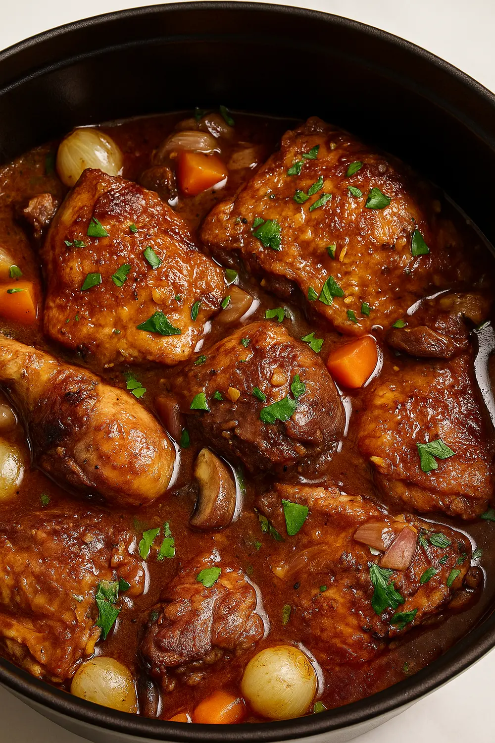 Traditional Coq au Vin Recipe Chicken Coq au Vin with tender chicken thighs and drumsticks braised in red wine sauce with vegetables, mushrooms, and onions.