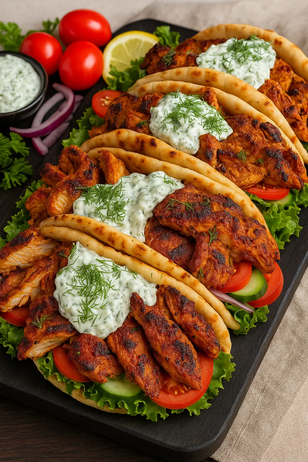 Healthy Greek Chicken Gyros with Tzatziki Sauce Learn how to make chicken gyros with creamy tzatziki sauce at home using just fresh tomatoes, crisp lettuce, and warm pita bread for a classic Mediterranean meal.