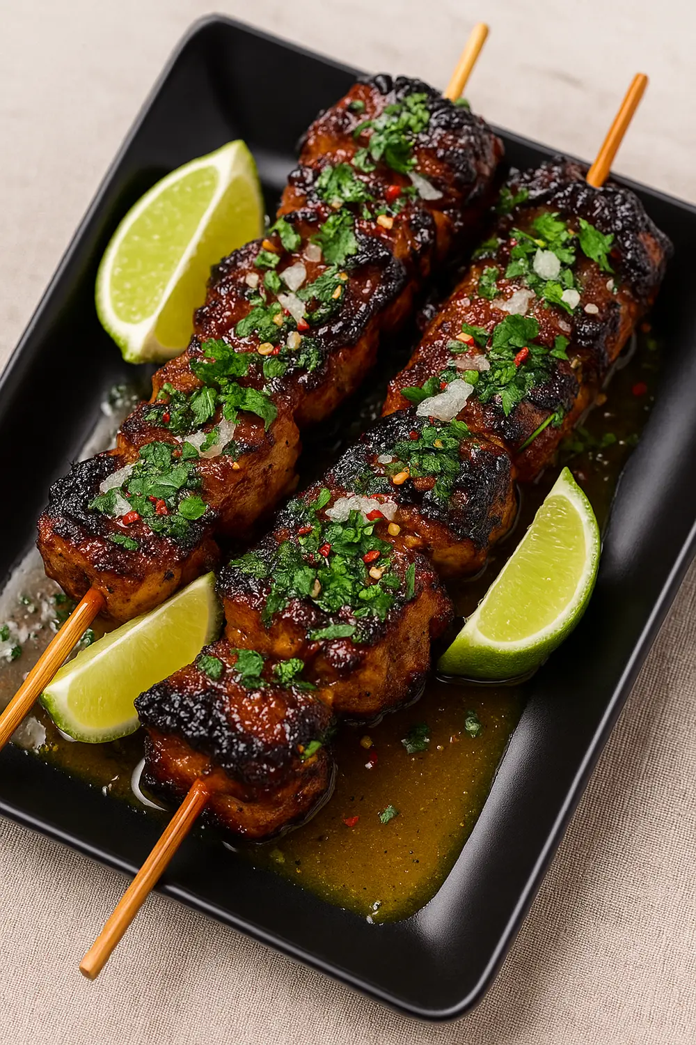 Grilled Thai Chicken Skewers Recipe (Gai Yang) The best chicken satay skewers recipe featuring juicy grilled chicken skewers glazed with a rich Thai-style sauce, garnished with fresh herbs and lime wedges.