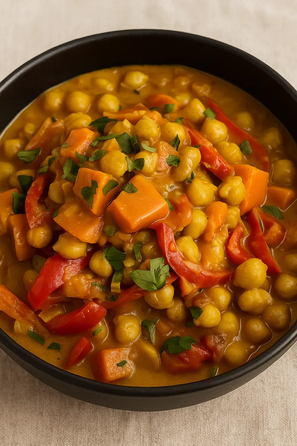 Quick and Easy Coconut Chickpea Curry Recipe (Chana Aloo) Thick chickpea stew with vegetables in a creamy golden coconut curry sauce.