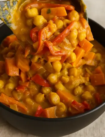 Coconut chickpea curry with carrots and red peppers in a creamy golden sauce.