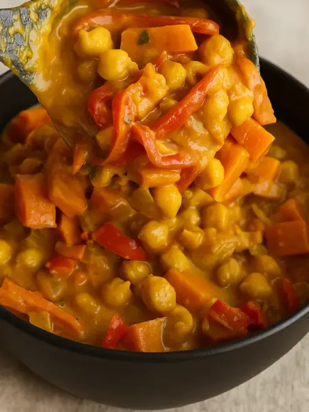 Coconut chickpea curry with carrots and red peppers in a creamy golden sauce.