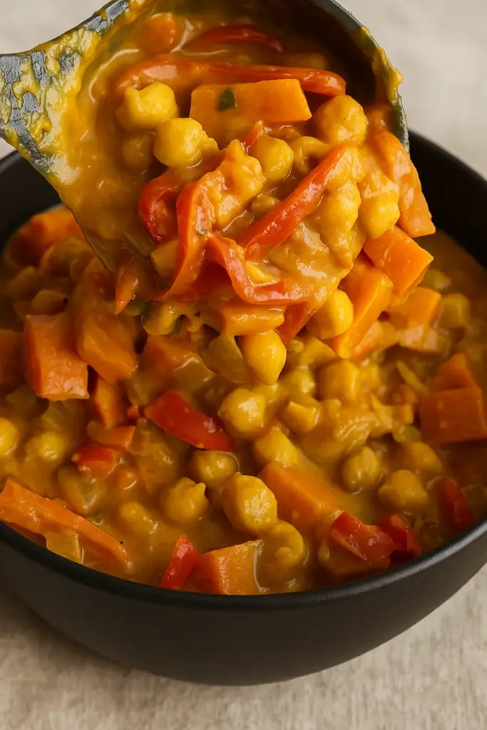 Quick and Easy Coconut Chickpea Curry Recipe (Chana Aloo) Coconut chickpea curry with carrots and red peppers in a creamy golden sauce.