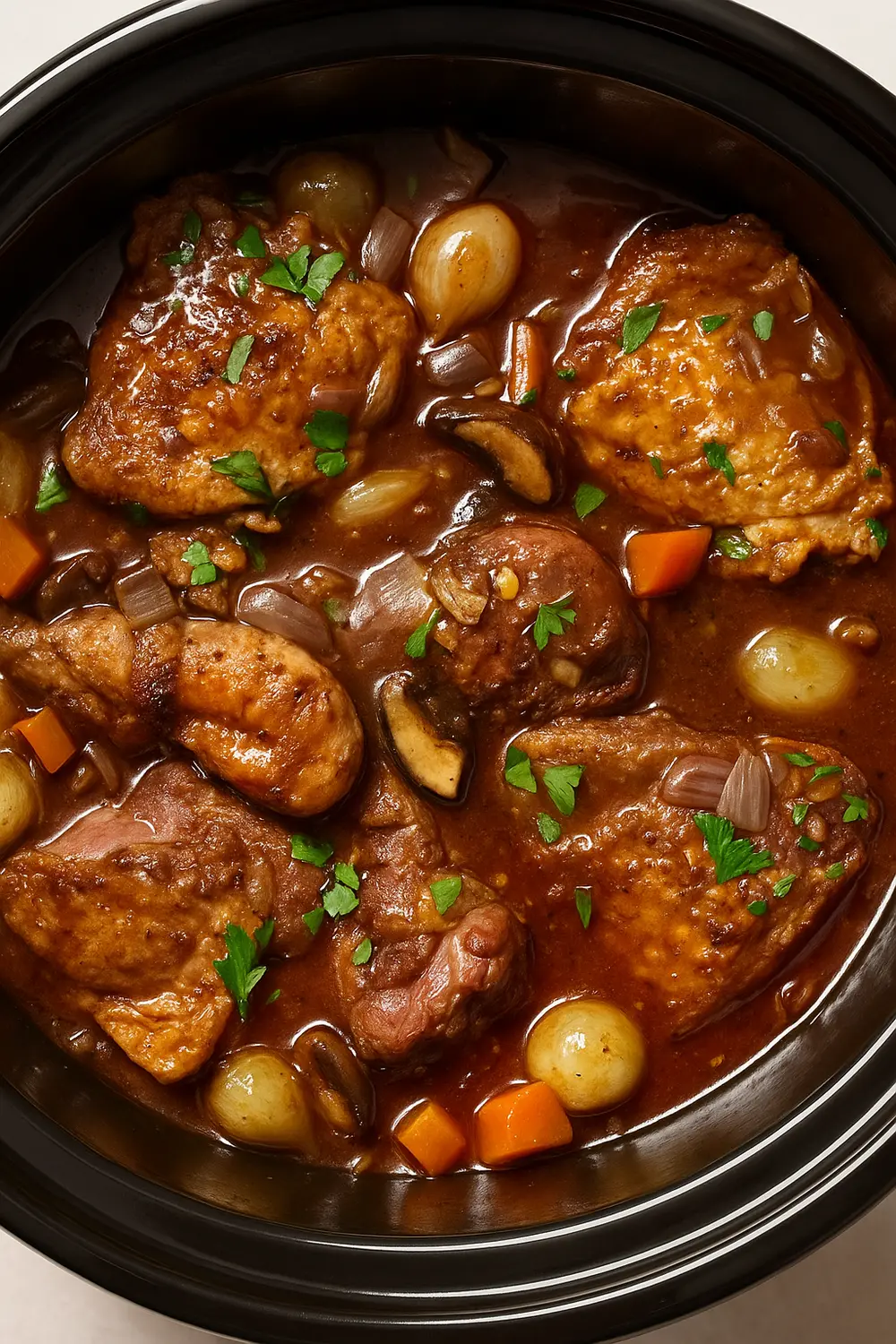 Traditional Coq au Vin Recipe Classic Coq au Vin recette showcasing braised chicken pieces in a red wine sauce with mushrooms, pearl onions, and carrots garnished with parsley.