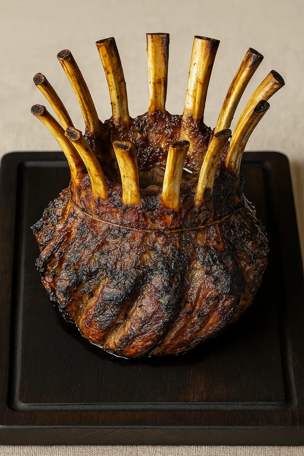 Best Crown Roast of Lamb for Festive Holidays Fully roasted, bronzed crown roast of lamb recipe featuring two grilled racks of lamb chops with a dark, savory crust on a black cutting board.